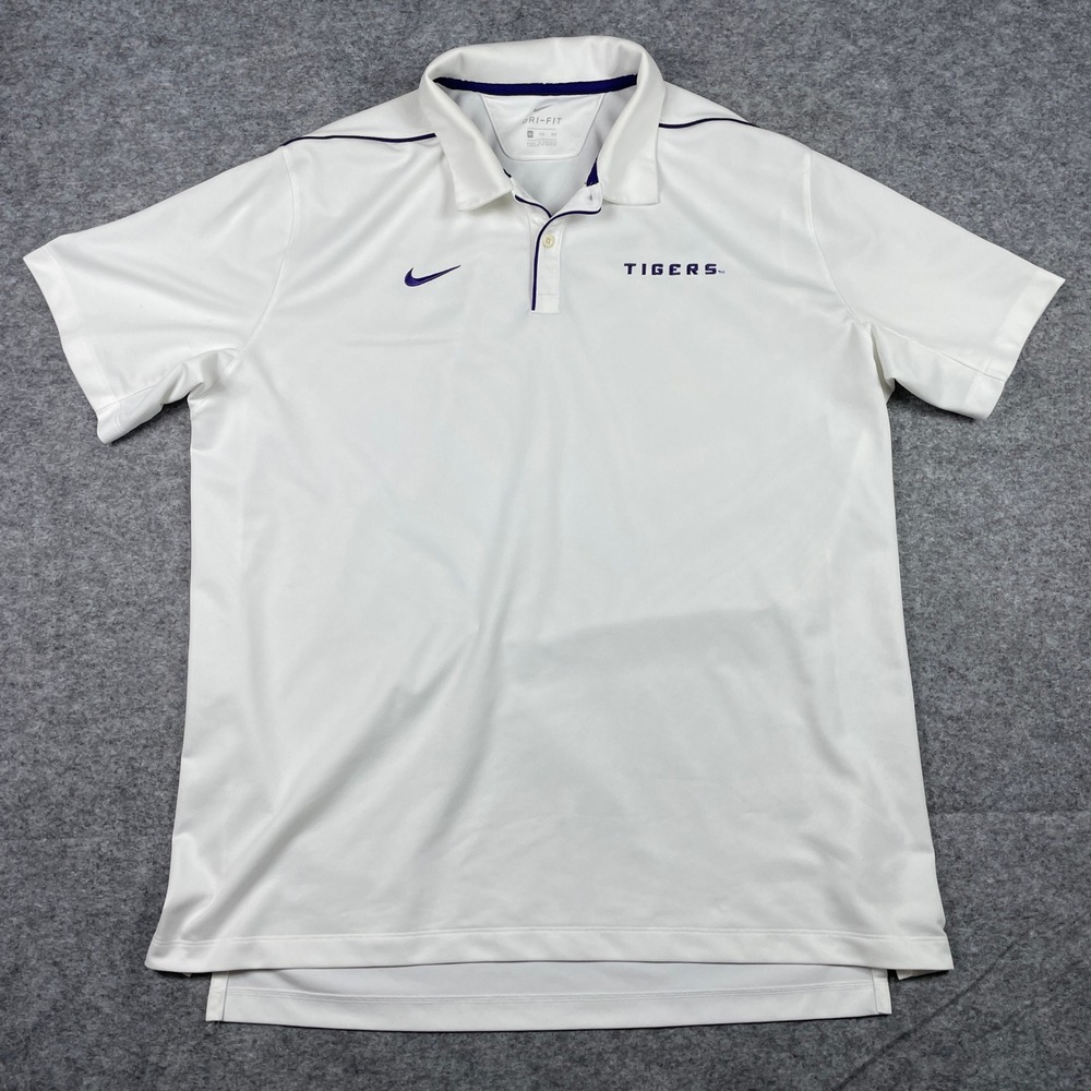 LSU Tigers Polo Mens XXL White Nike Dri-Fit Short Sleeve Performance Shirt